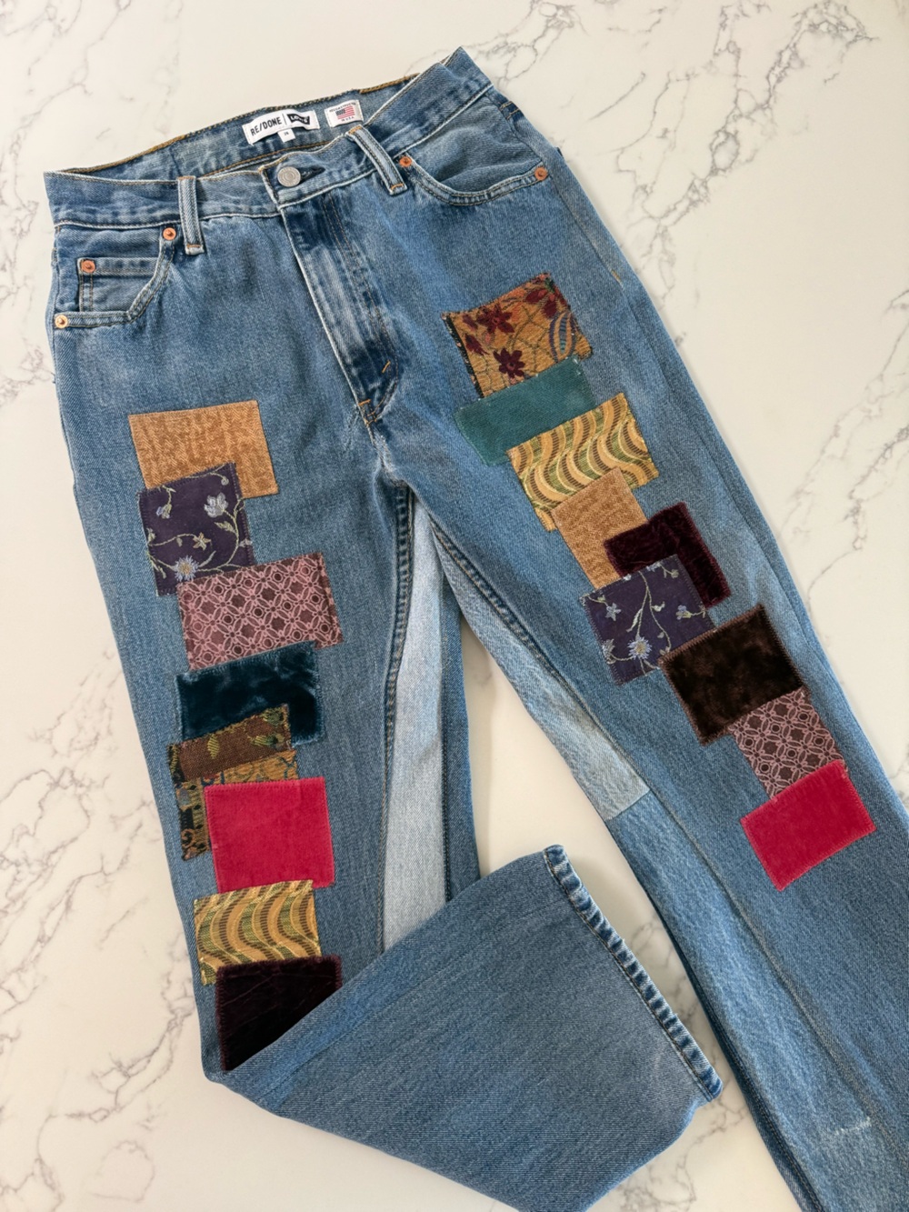 RE/DONE Levi's 70s Loose Flare Patchwork Jeans - Indigo Patch - Size 26